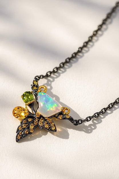 925 sterling silver rainbow opal leaf necklace