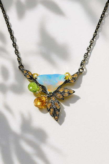 925 sterling silver rainbow opal leaf necklace