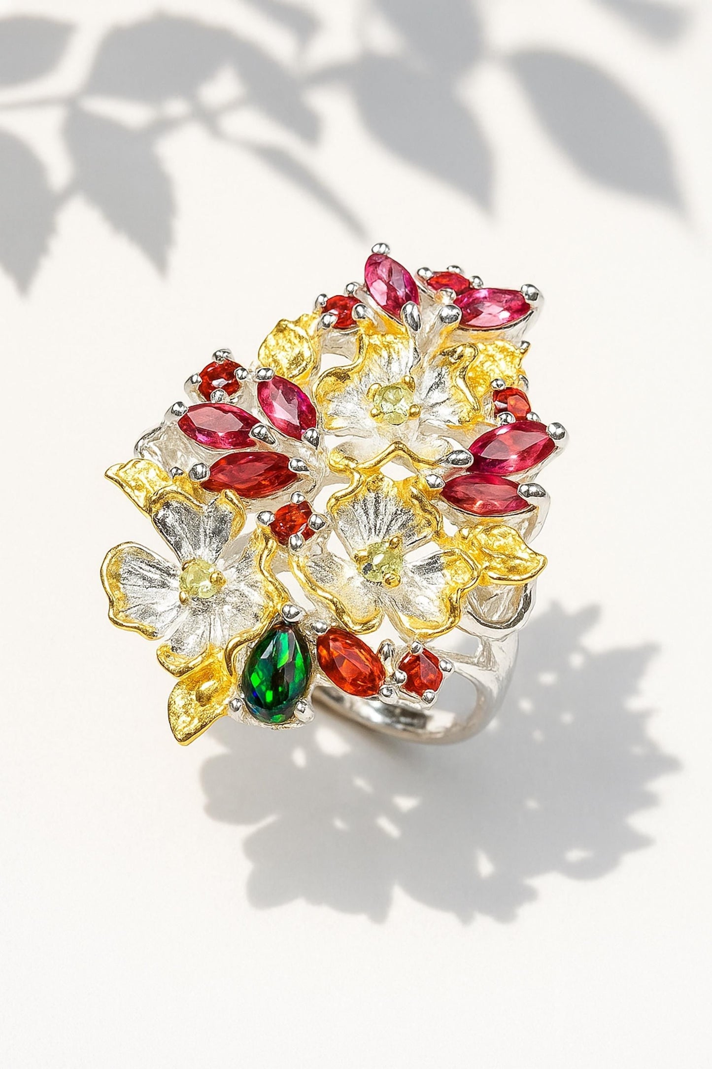 925 Sterling Silver Garnet Rhodolite Flower Ring