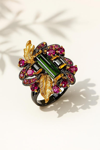 925 Sterling Silver Bar Tourmaline Leaf Ring