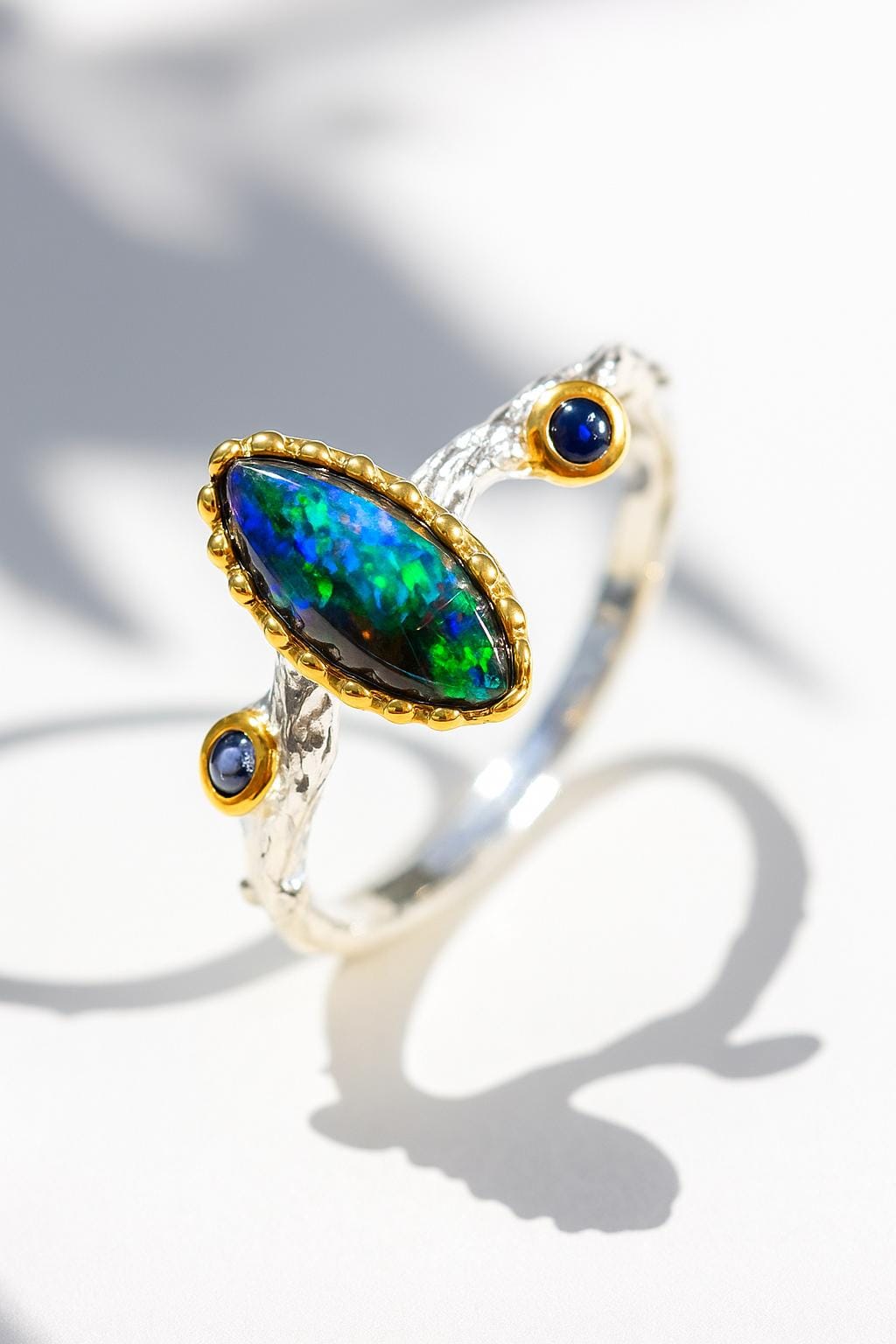 925 Sterling Silver Black Opal Branch Ring