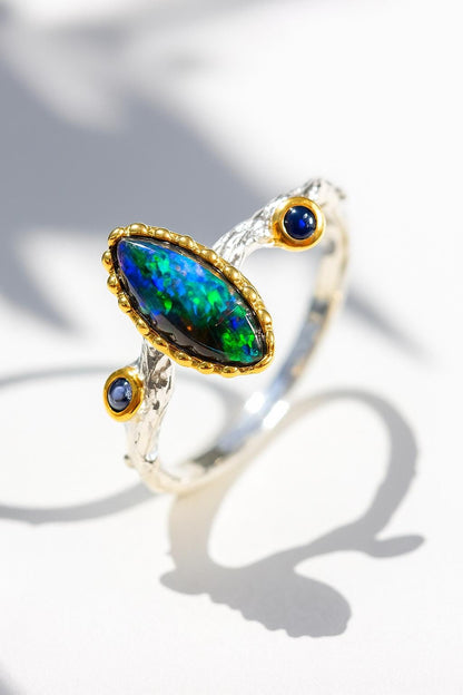925 Sterling Silver Black Opal Branch Ring