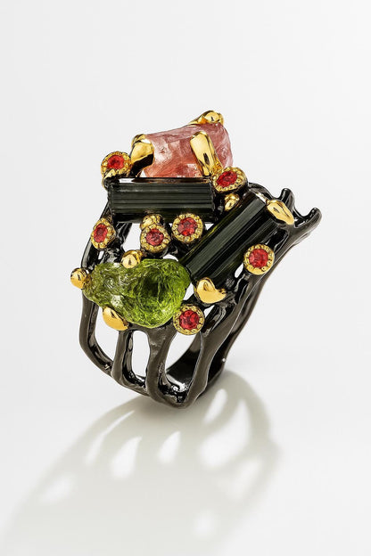 925 Sterling Silver Raw Tourmaline Statement Ring