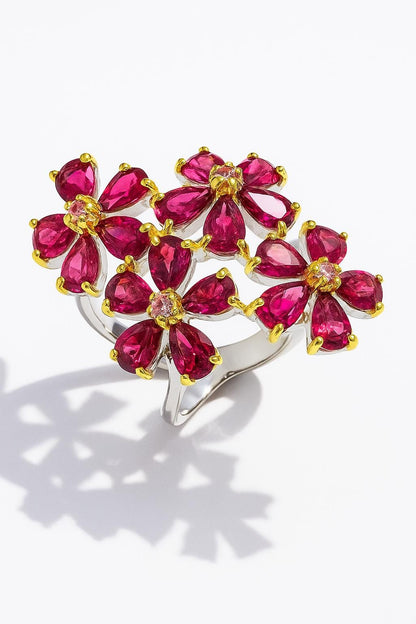 925 Sterling Silver Pink Rhodolite Flower Ring