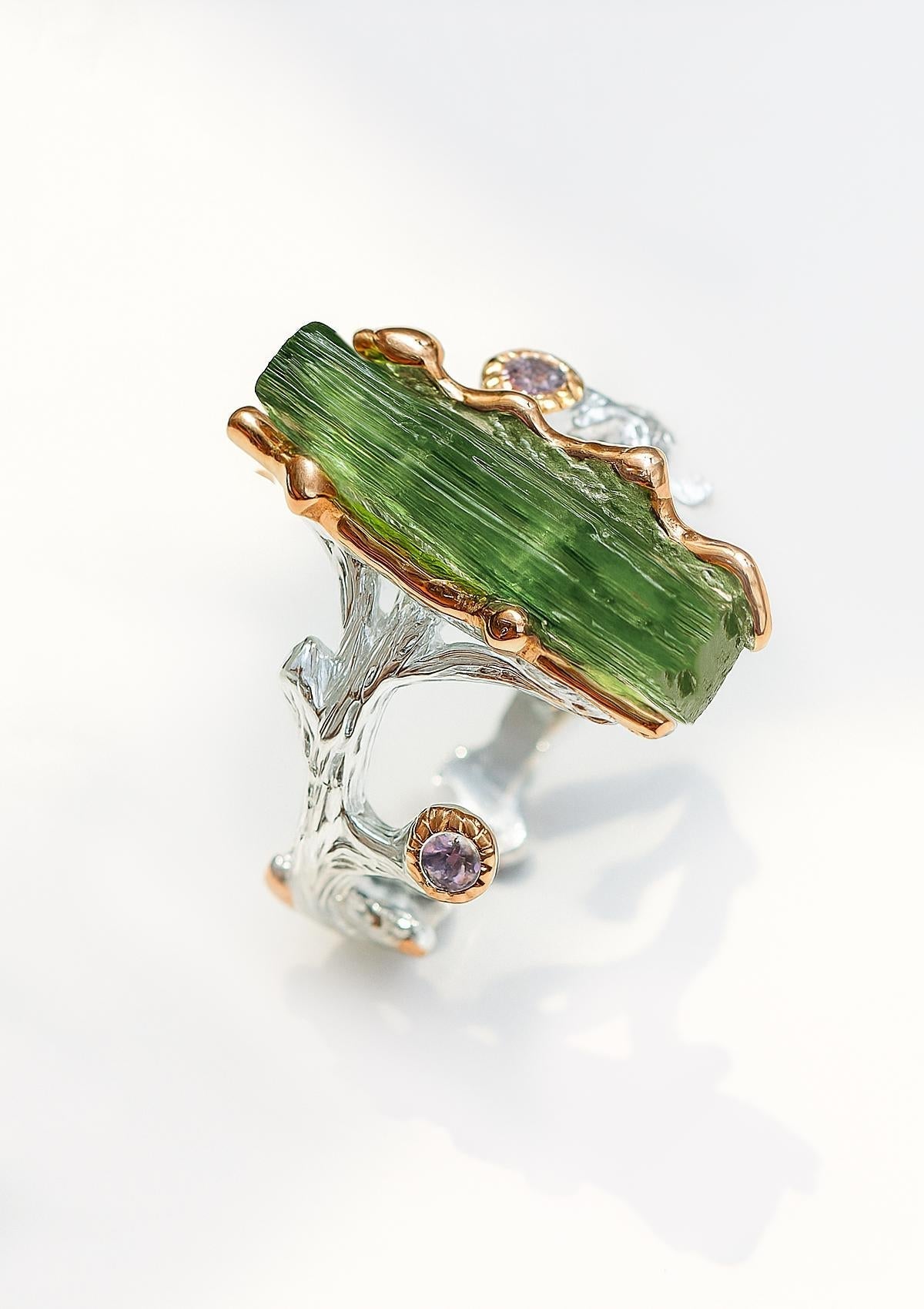 925 Sterling Silver Raw Tourmaline Branch Ring