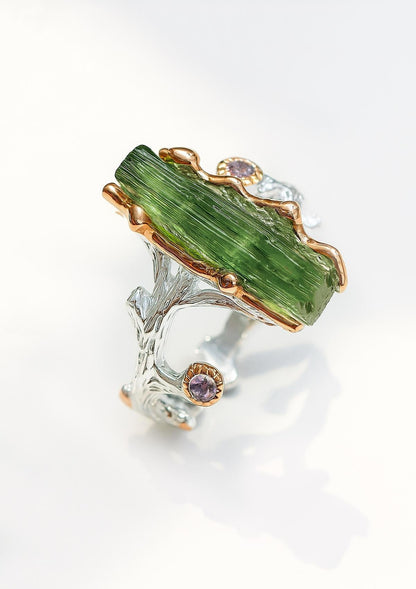 925 Sterling Silver Raw Tourmaline Branch Ring