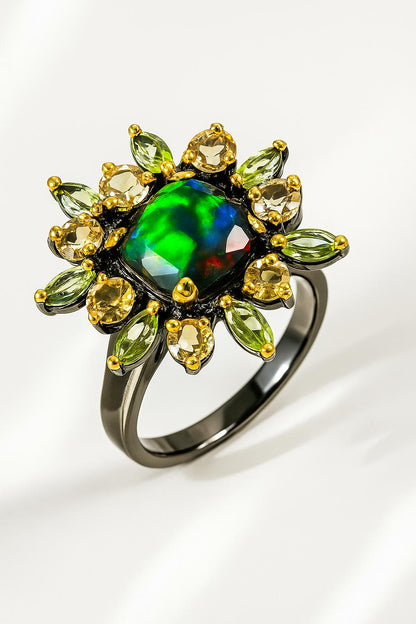 925 Sterling Silver Black Opal Halo Ring