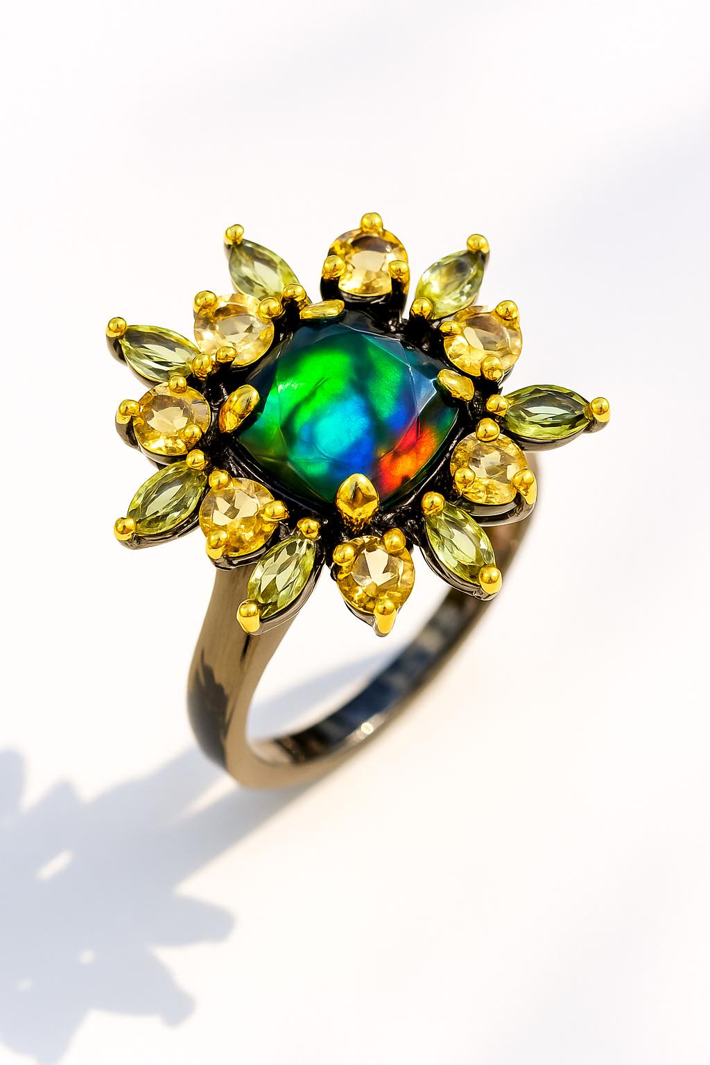 925 Sterling Silver Black Opal Halo Ring