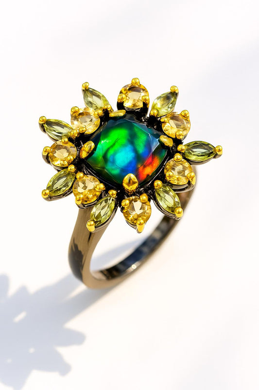 925 Sterling Silver Black Opal Halo Ring