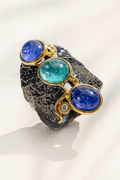 925 Sterling Silver Tanzanite Apatite Wide Ring