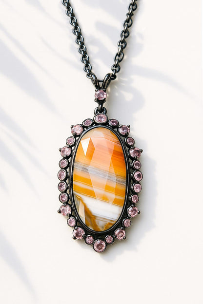 925 Sterling Silver Orange Agate Halo Necklace