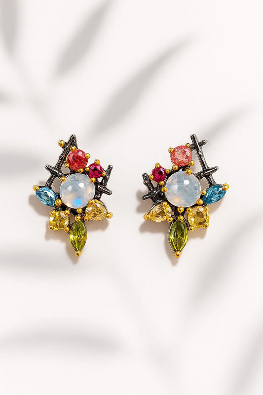 925 Sterling Silver  Moonstone Gemstone Cluster Earrings