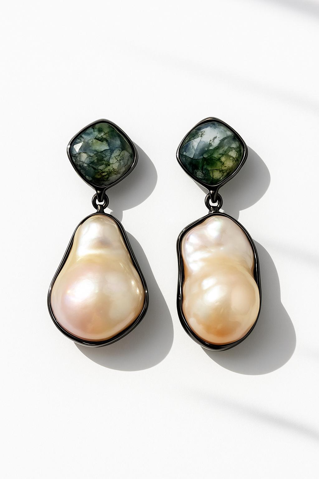 925 Sterling Silver Pearl Moss Agate Statement Earrings