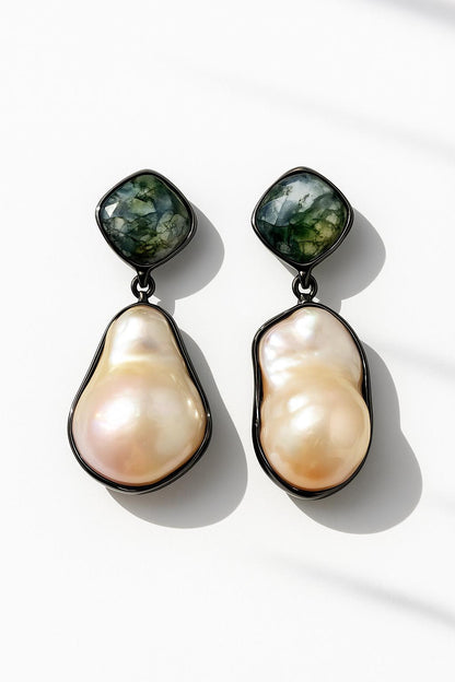 925 Sterling Silver Pearl Moss Agate Statement Earrings