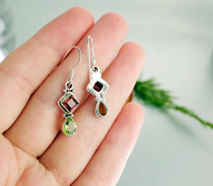 925 Sterling Silver Peridot Garnet Earrings