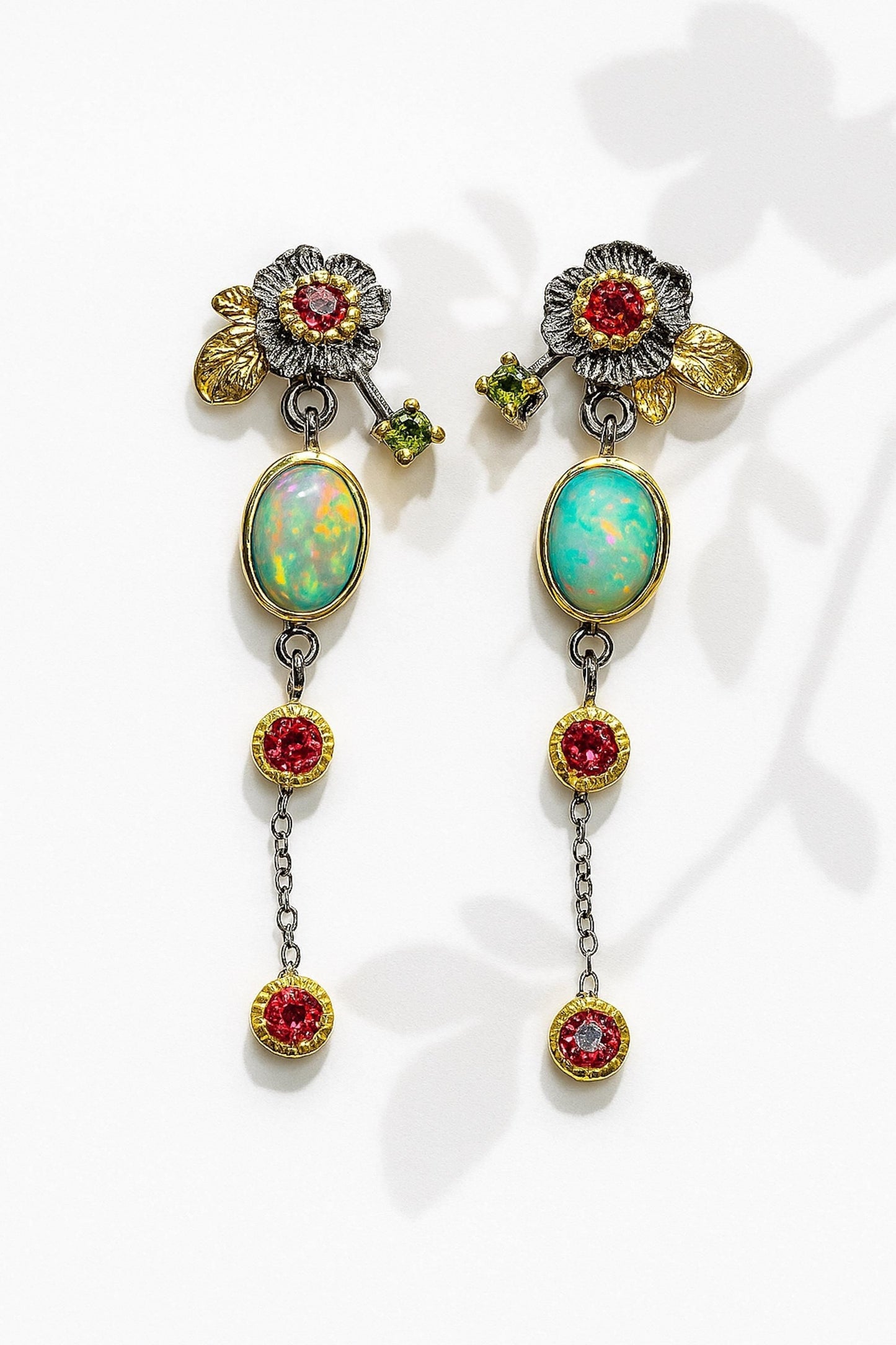 925 Sterling Silver Fire Opal Flower Dangle Earrings