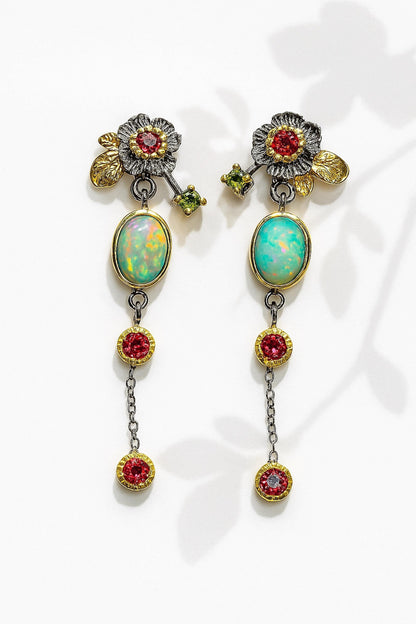 925 Sterling Silver Fire Opal Flower Dangle Earrings