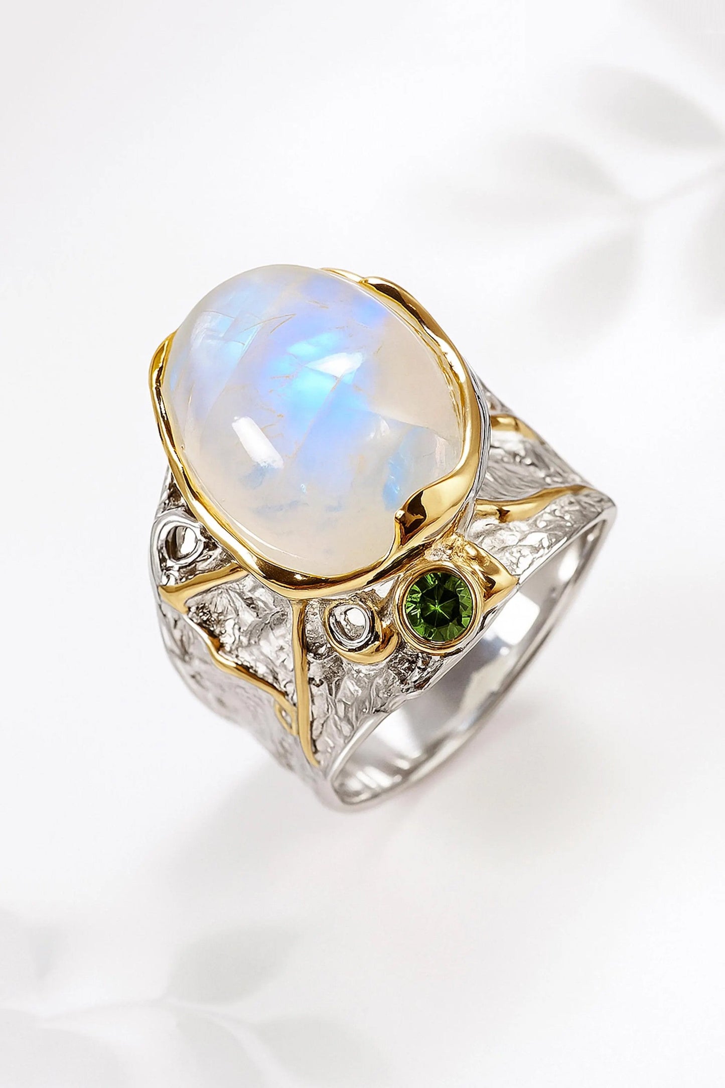 925 Sterling Silver Rainbow Moonstone Wide Band Ring