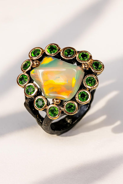 925 Sterling Silver Raw Opal Halo Ring