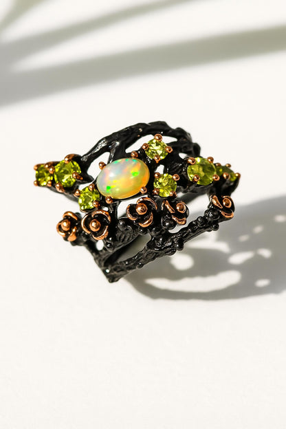 925 Sterling Silver Rainbow Opal Branch Ring