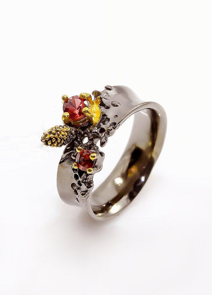 925 Sterling Silver Garnet Black Band Ring