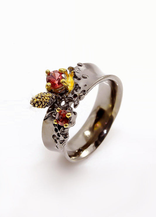 925 Sterling Silver Garnet Black Band Ring