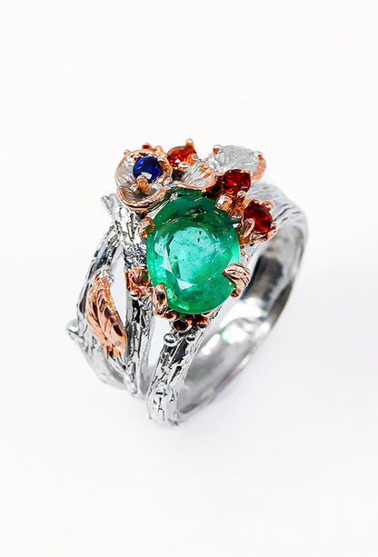 925 Sterling Silver Emerald Nature Ring