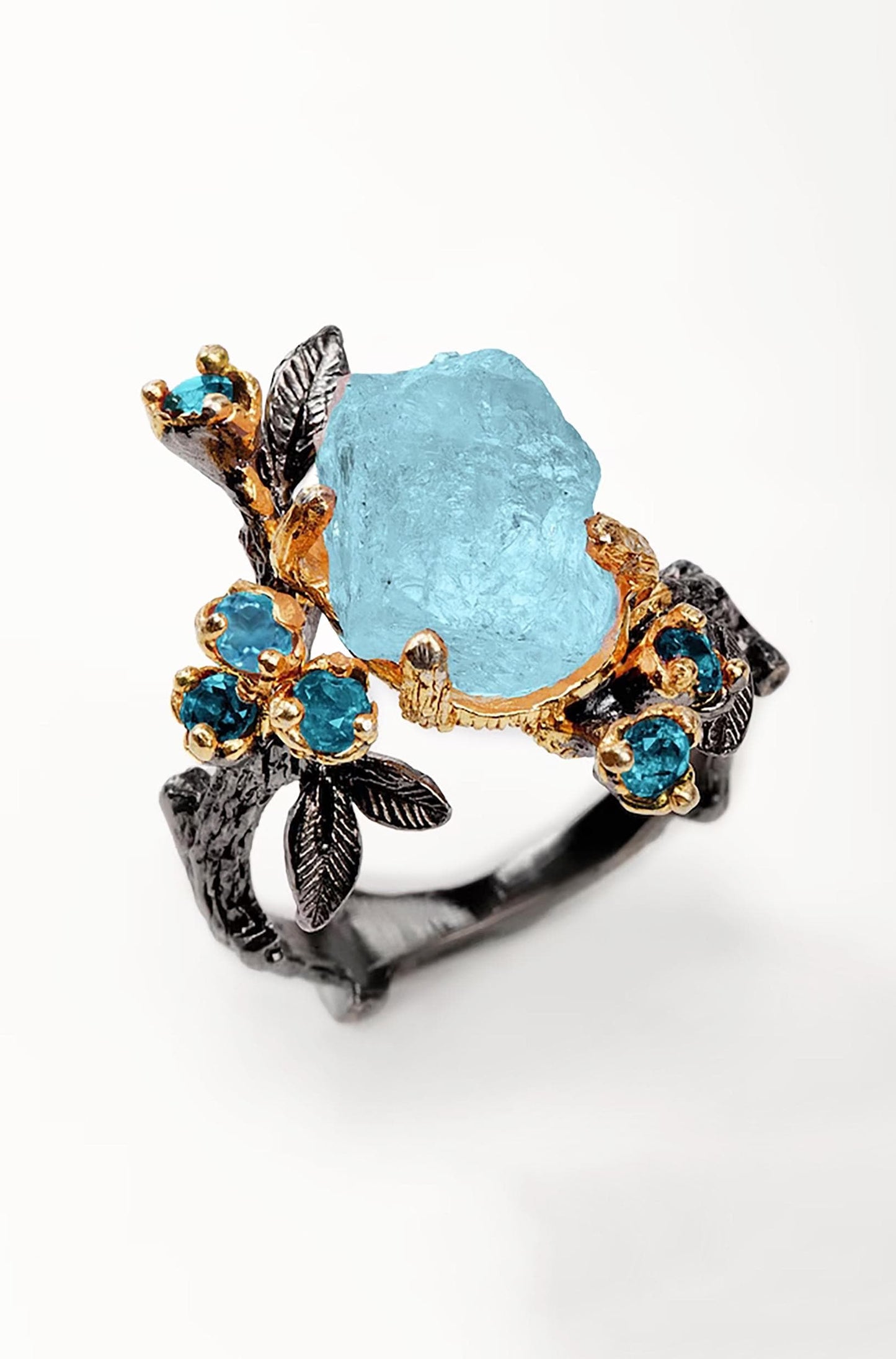 925 Sterling Silver Raw Aquamarine Branch Ring