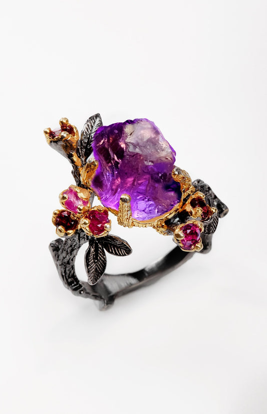 925 sterling silver raw purple amethyst nature ring