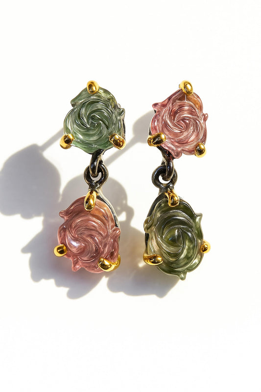 925 Sterling Silver Pink Green Tourmaline Earrings