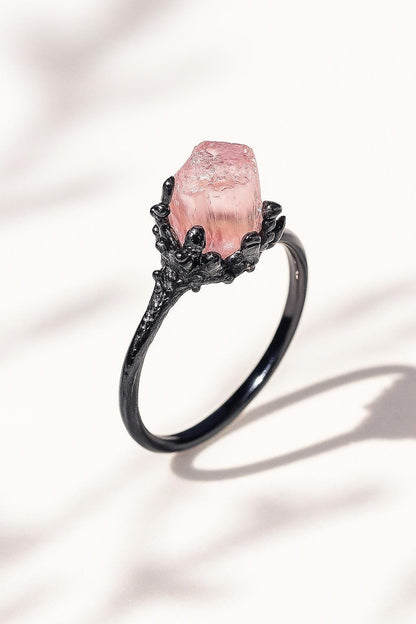 925 Sterling Silver Raw Pink Tourmaline Gothic Ring