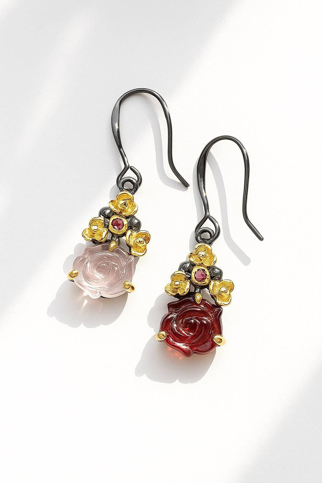 925 sterling silver carved tourmaline rose earrings