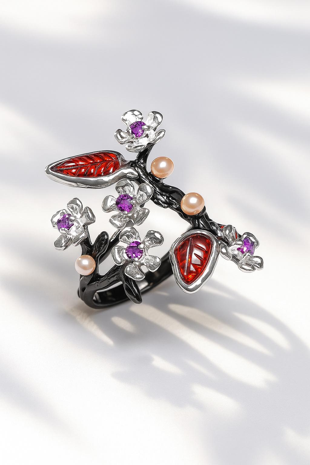 925 Sterling Silver Pink Tourmaline Sakura Ring