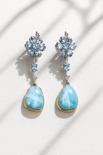 925 Sterling Silver Larimar Blue Flower Earrings