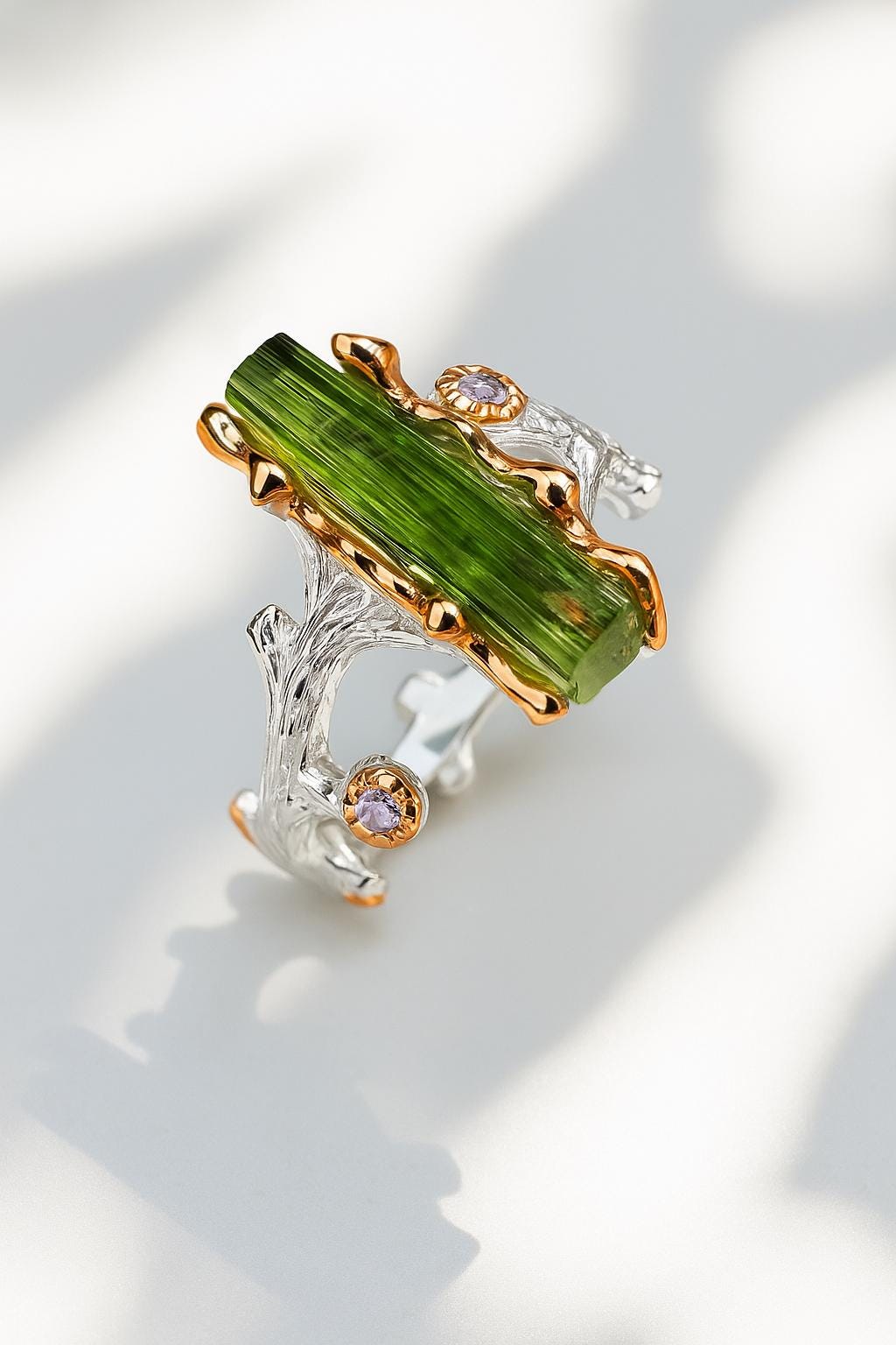 925 Sterling Silver Raw Tourmaline Branch Ring