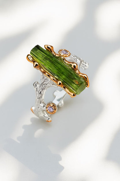 925 Sterling Silver Raw Tourmaline Branch Ring