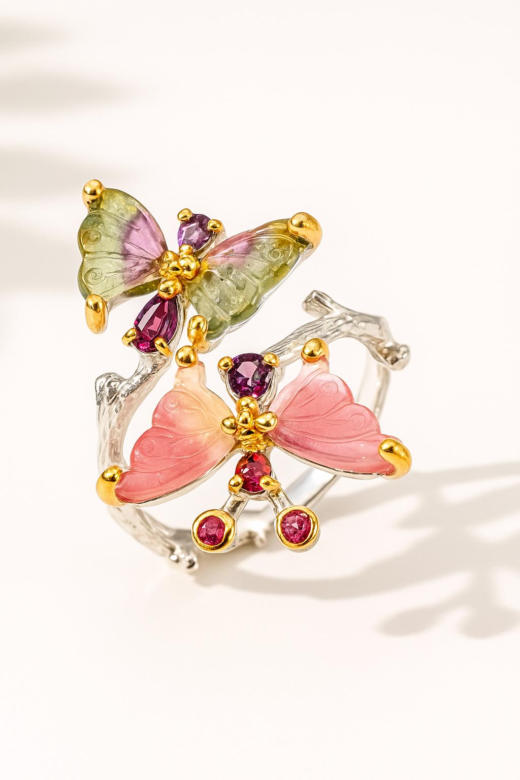 925 Sterling Silver Butterfly Tourmaline Ring