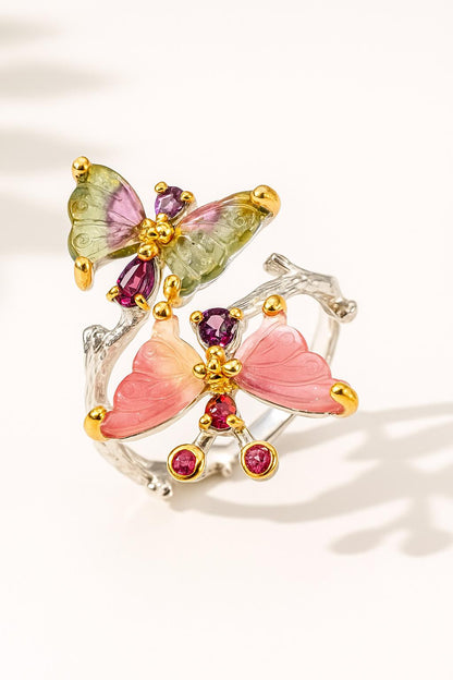 925 Sterling Silver Butterfly Tourmaline Ring