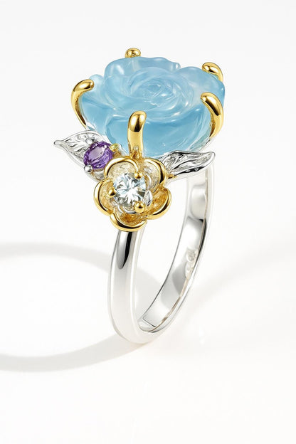925 Sterling Silver Aquamarine Rose Promise Ring