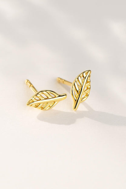 14K Solid Gold Leaf Stud Earrings