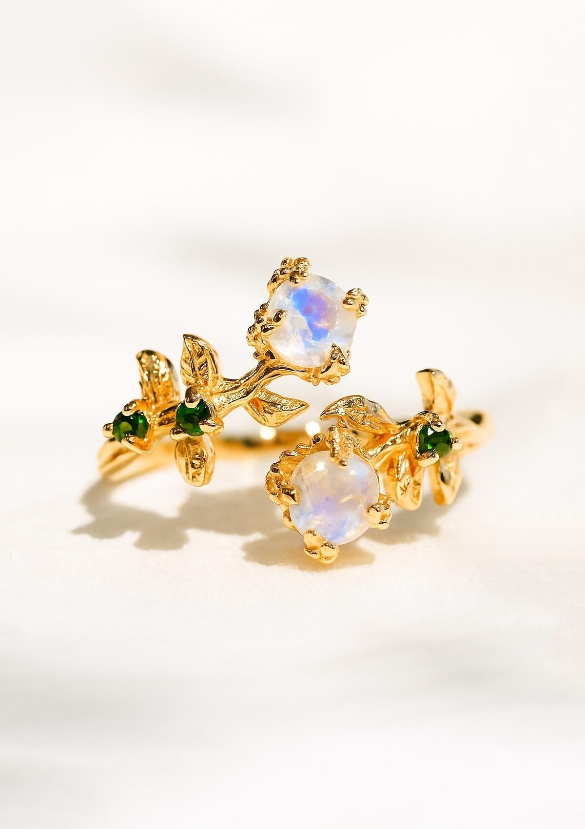 14K Solid Gold Moonstone Toi Et Moi Ring