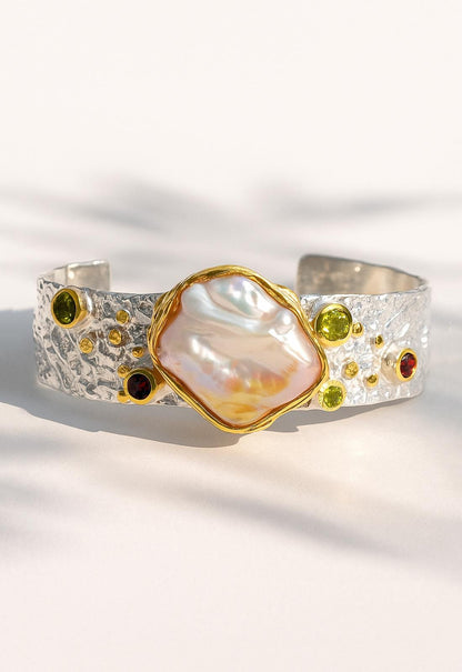 925 sterling silver baroque pearl wide cuff bracelet