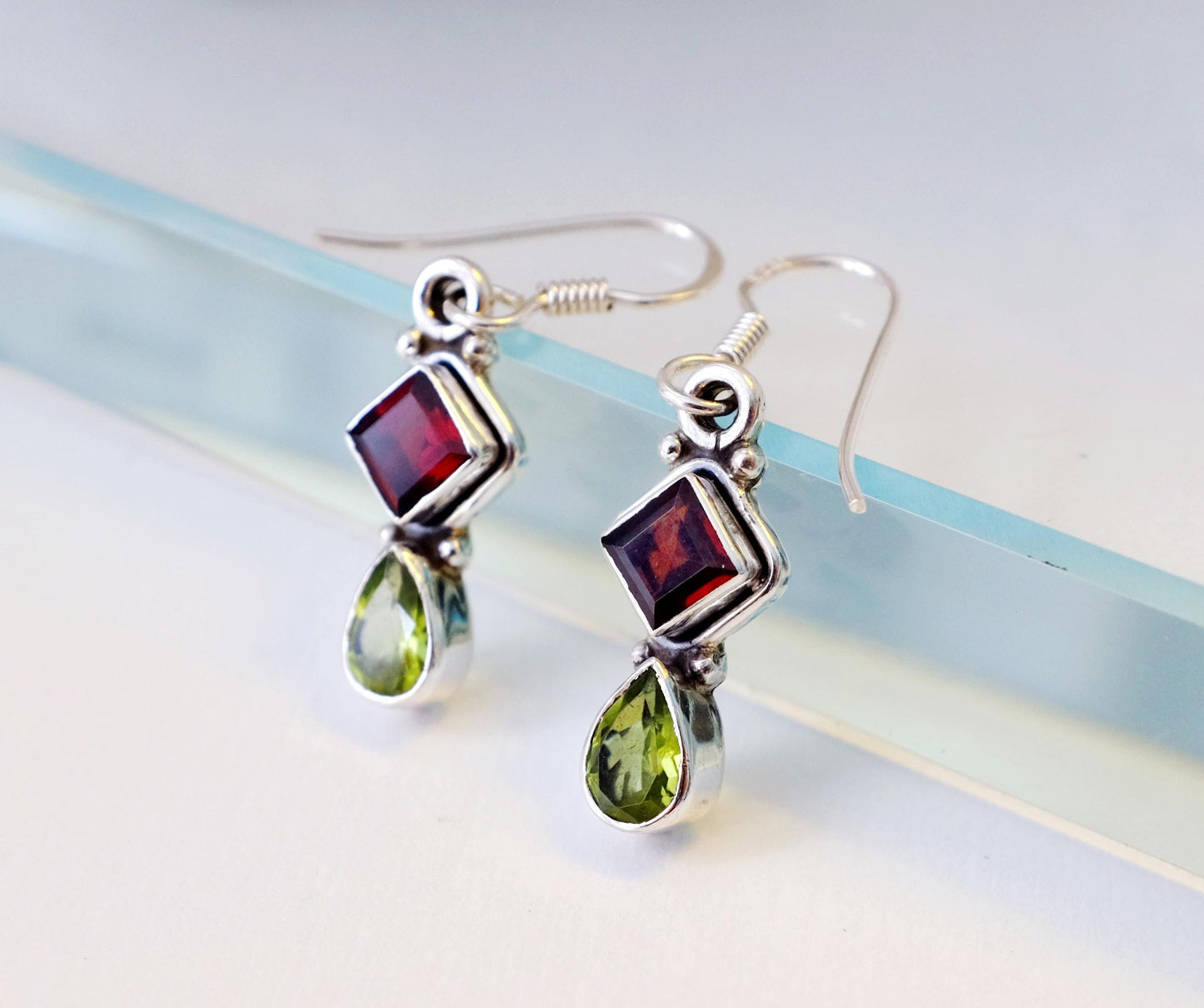 925 Sterling Silver Peridot Garnet Earrings