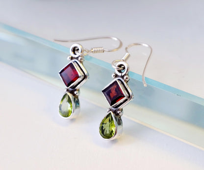 925 Sterling Silver Peridot Garnet Earrings