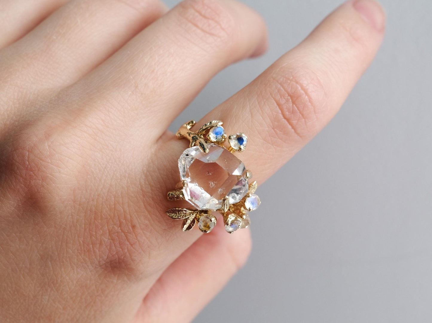 14K solid gold raw herkimer diamond ring