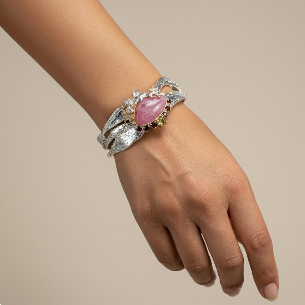925 Sterling Silver Pink Ruby Cuff Bracelet