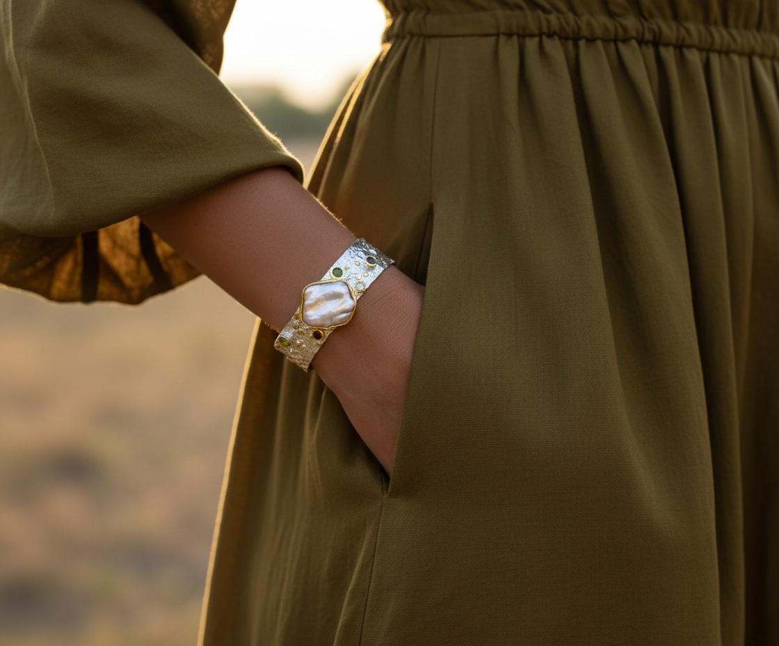 925 sterling silver baroque pearl wide cuff bracelet