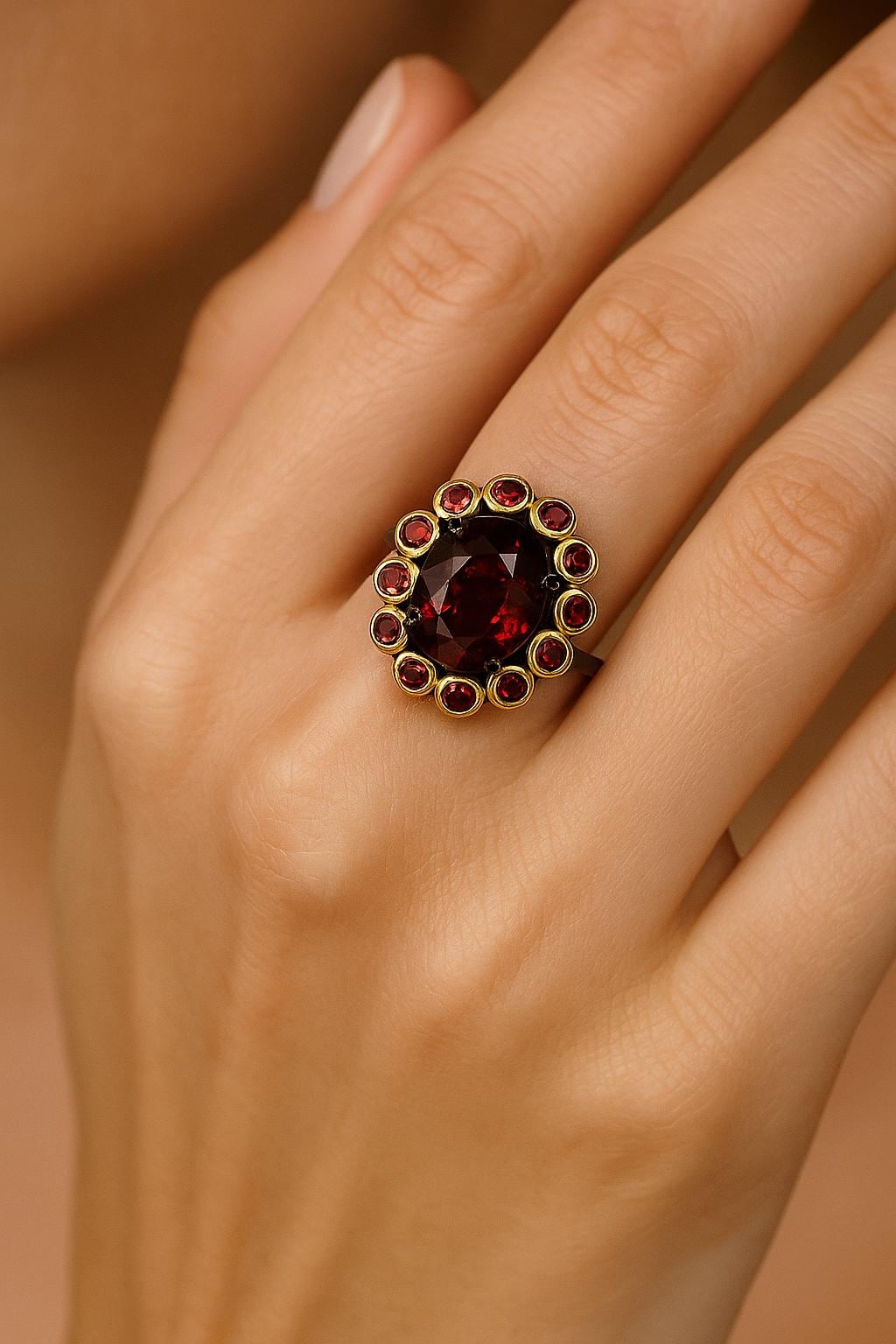 925 Sterling Silver Garnet Ring, close-up detail