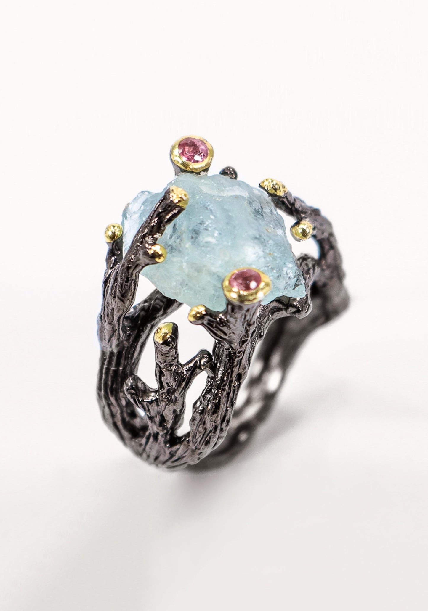 925 sterling silver aquamarine rough black ring