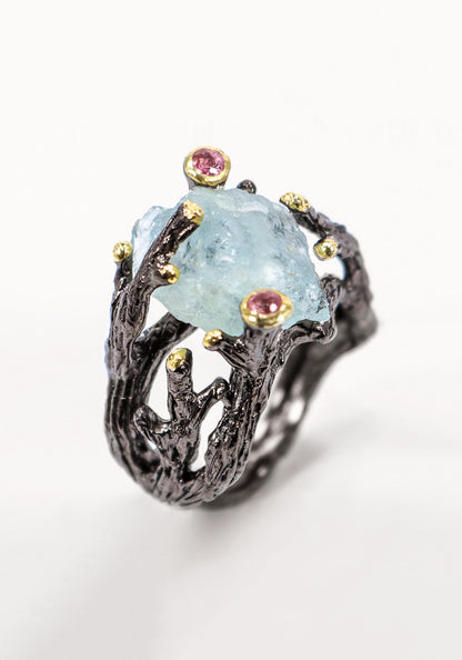 925 sterling silver aquamarine rough black ring